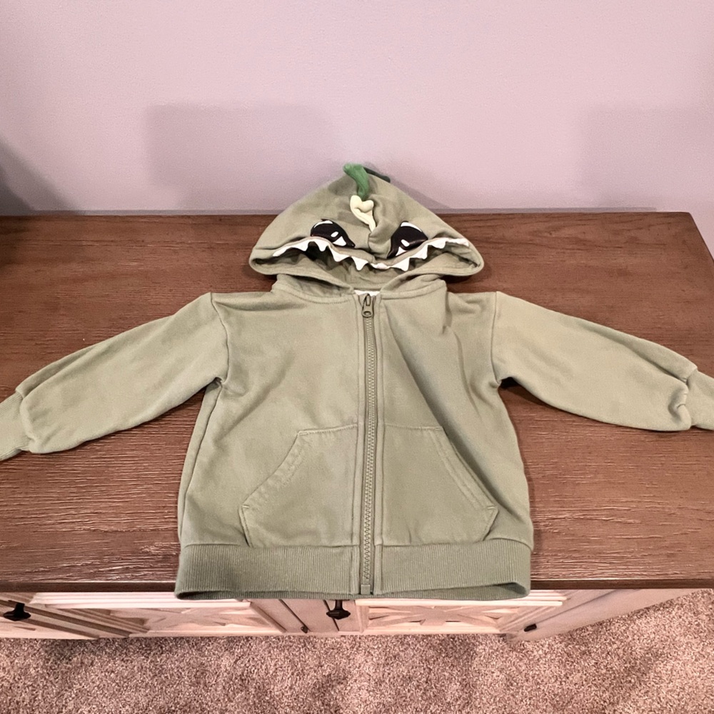 H&M Toddler Dinosaur Hoodie 2T Green Zip Up Jacket 3D Spikes